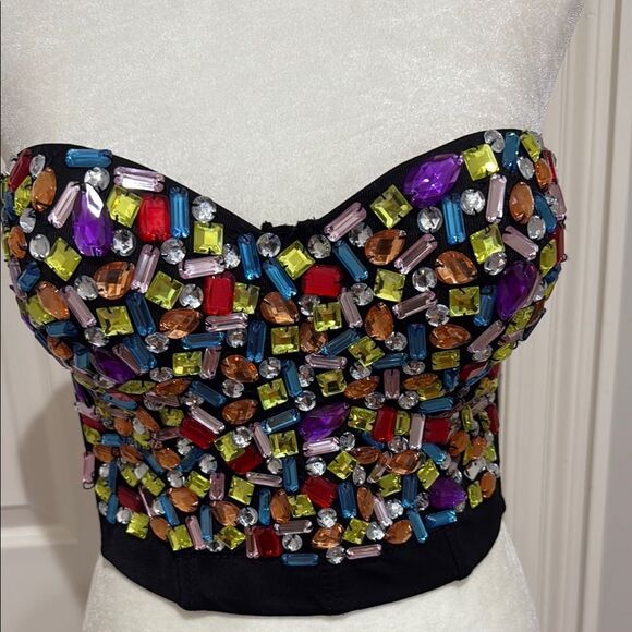 Lydia Colorful Jeweled  Beaded Strapless Cropped Corset  Top Size Large - Picture 3 of 4